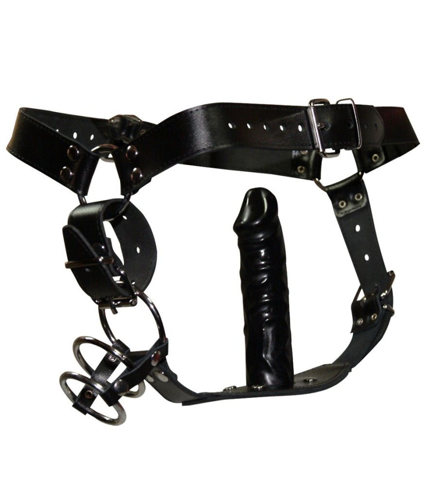 Riemen-String aus Leder mit Penis-/Hodenringen & Analdildo innen