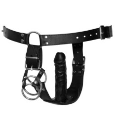 Riemen-String aus Leder mit Penis-/Hodenringen & Analdildo innen