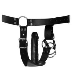 Riemen-String aus Leder mit Penis-/Hodenringen & Analdildo innen