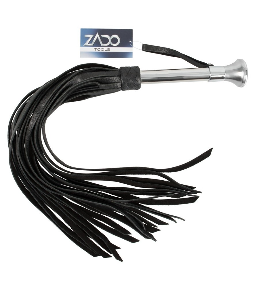 Peitsche mit breiten Lederriemen und Edelstahlgriff