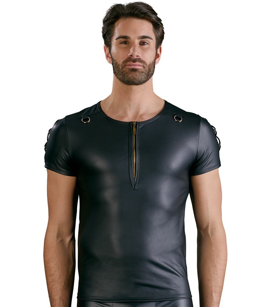 Shirt im schwarzen Mattlook mit kurzem Reißverschluss