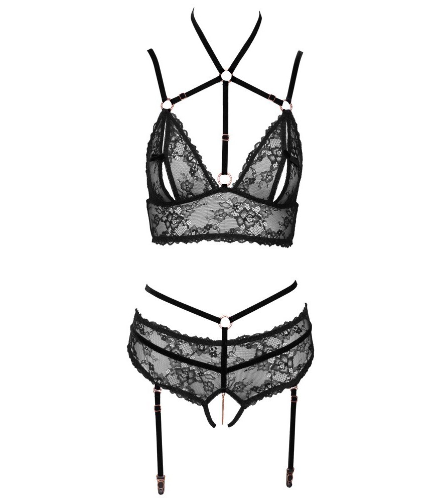 Bralette plus Straps-Slip aus Spitze mit Samtdetails