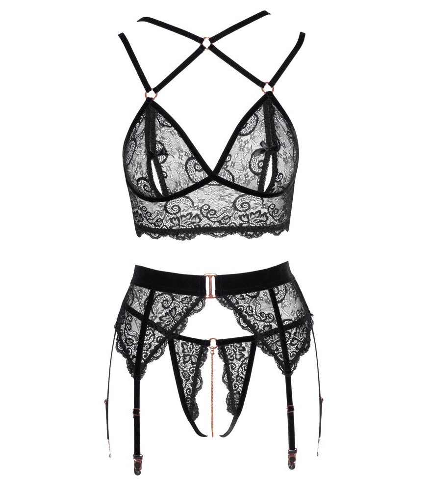 3-teiliges Straps-Set aus Spitze mit Samtdetails