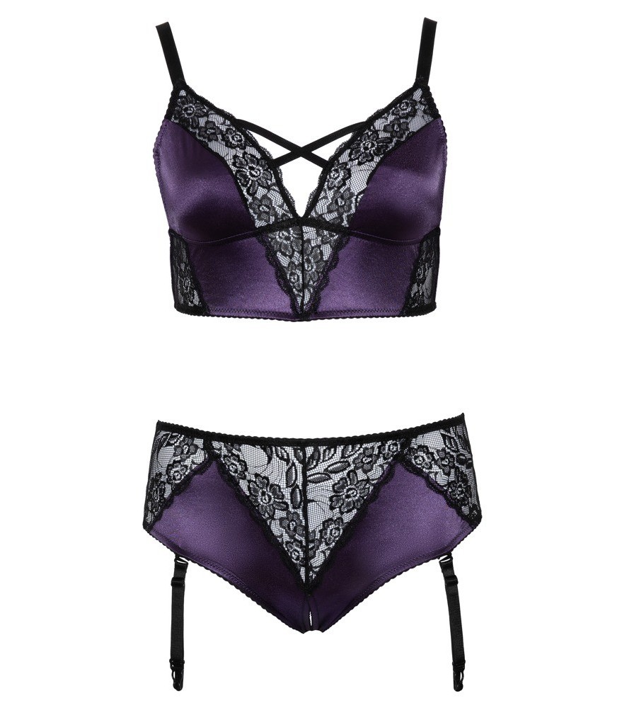Bralette plus Straps-Slip ouvert im edlen Mix aus Satin und Spitze