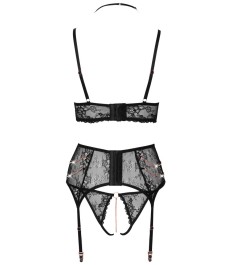 3-teiliges Straps-Set aus Spitze mit Strasskettchen-Besatz