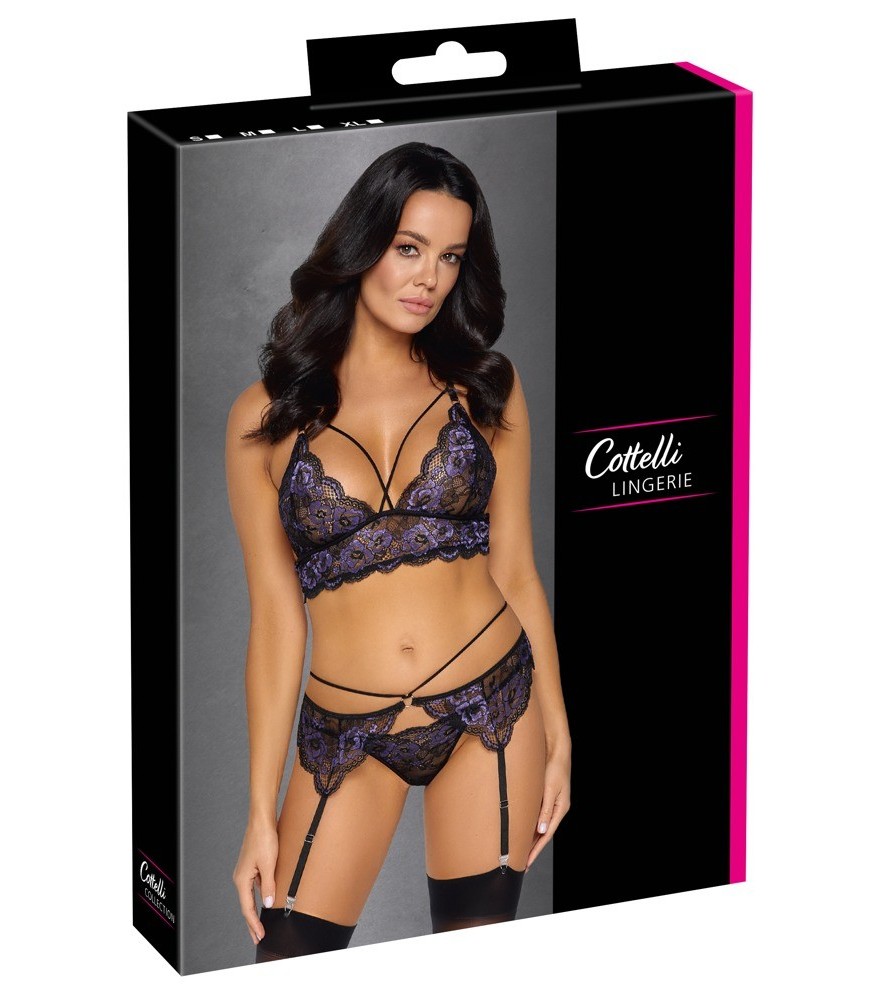 3-teiliges Straps-Set aus Spitze mit Samtdetails