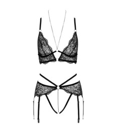 Bralette plus Straps-String ouvert aus Spitze mit Samtdetails