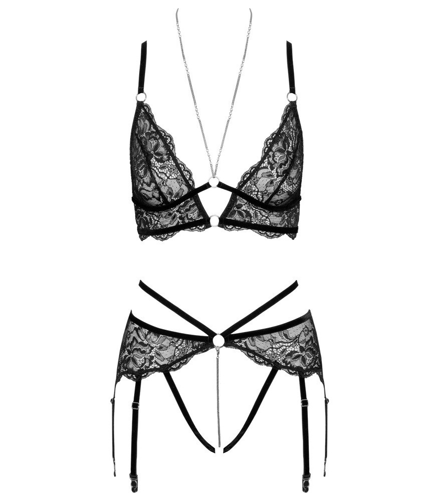 Bralette plus Straps-String ouvert aus Spitze mit Samtdetails