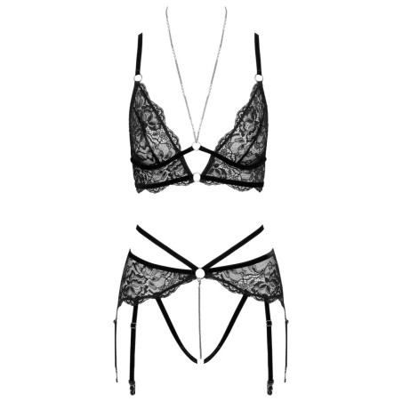 Bralette plus Straps-String ouvert aus Spitze mit Samtdetails