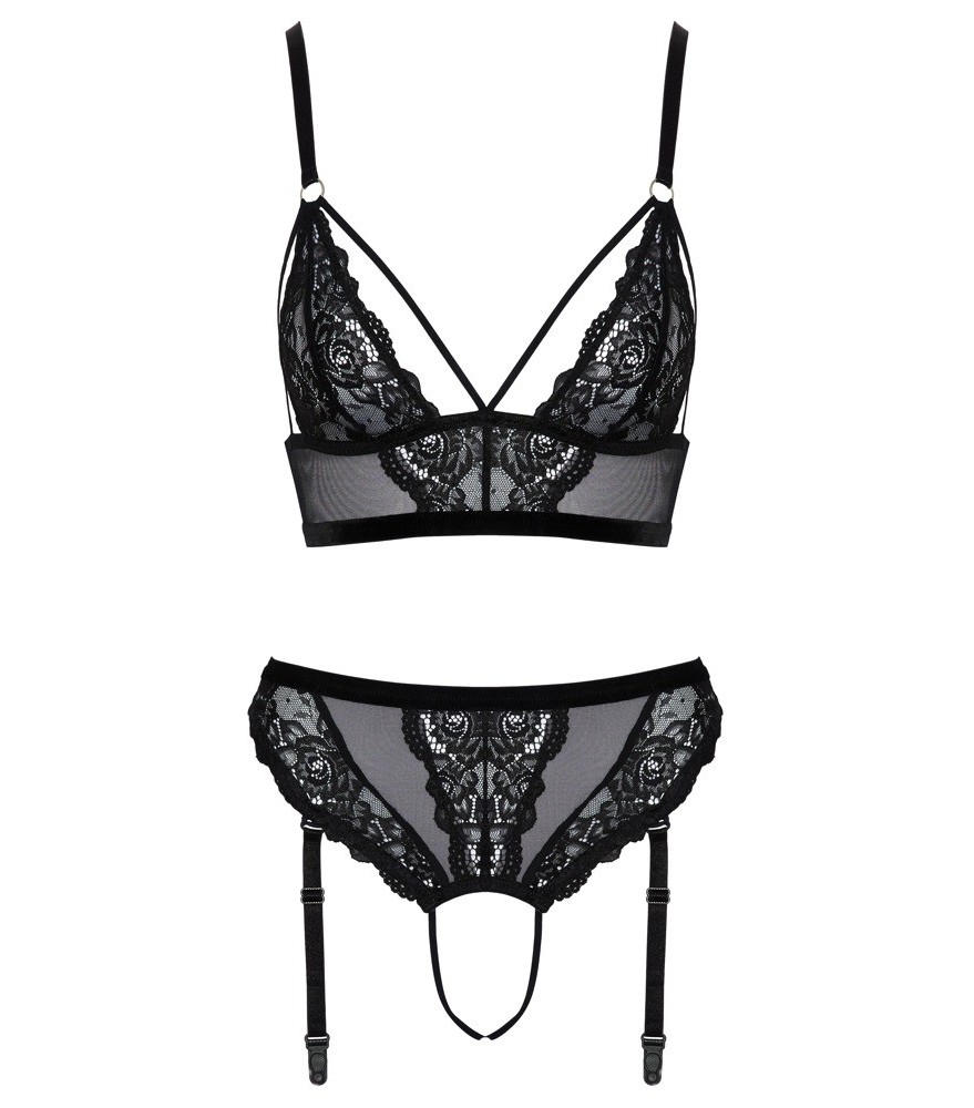 Bralette plus Straps-Slip ouvert im feinen Mix aus Spitze und Powernet