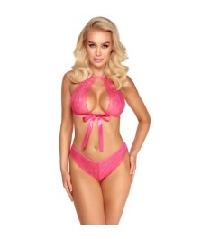 BH plus Slip aus pinkfarbener Spitze