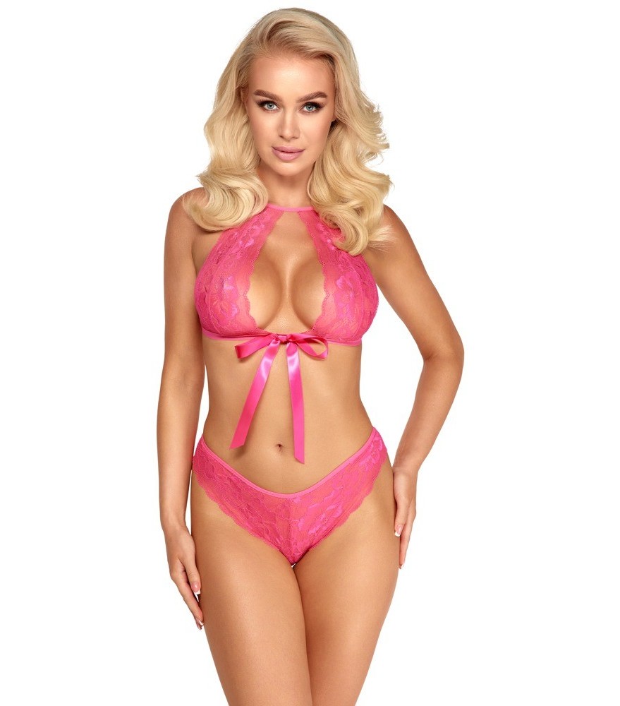 BH plus Slip aus pinkfarbener Spitze