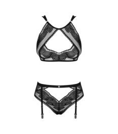 Bralette plus Straps-String ouvert aus Spitze mit Samtdetails