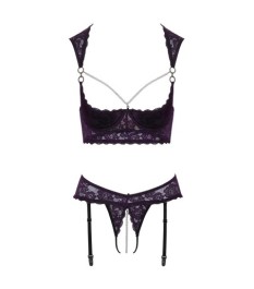 Hebe plus Straps-String ouvert aus Lila-Stretch-Spitze mit schwarzen Details
