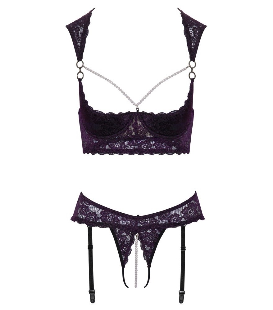 Hebe plus Straps-String ouvert aus Lila-Stretch-Spitze mit schwarzen Details