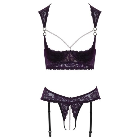 Hebe plus Straps-String ouvert aus Lila-Stretch-Spitze mit schwarzen Details