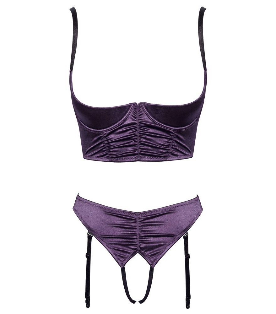 Hebe plus Straps-Slip ouvert aus Stretch-Satin in edlem Lila mit schwarzen Details