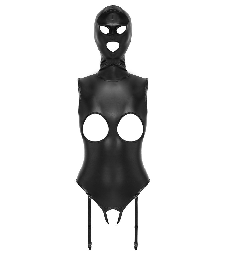 Body ouvert mit angenähter Kopfmaske und abnehmbaren Strapsen