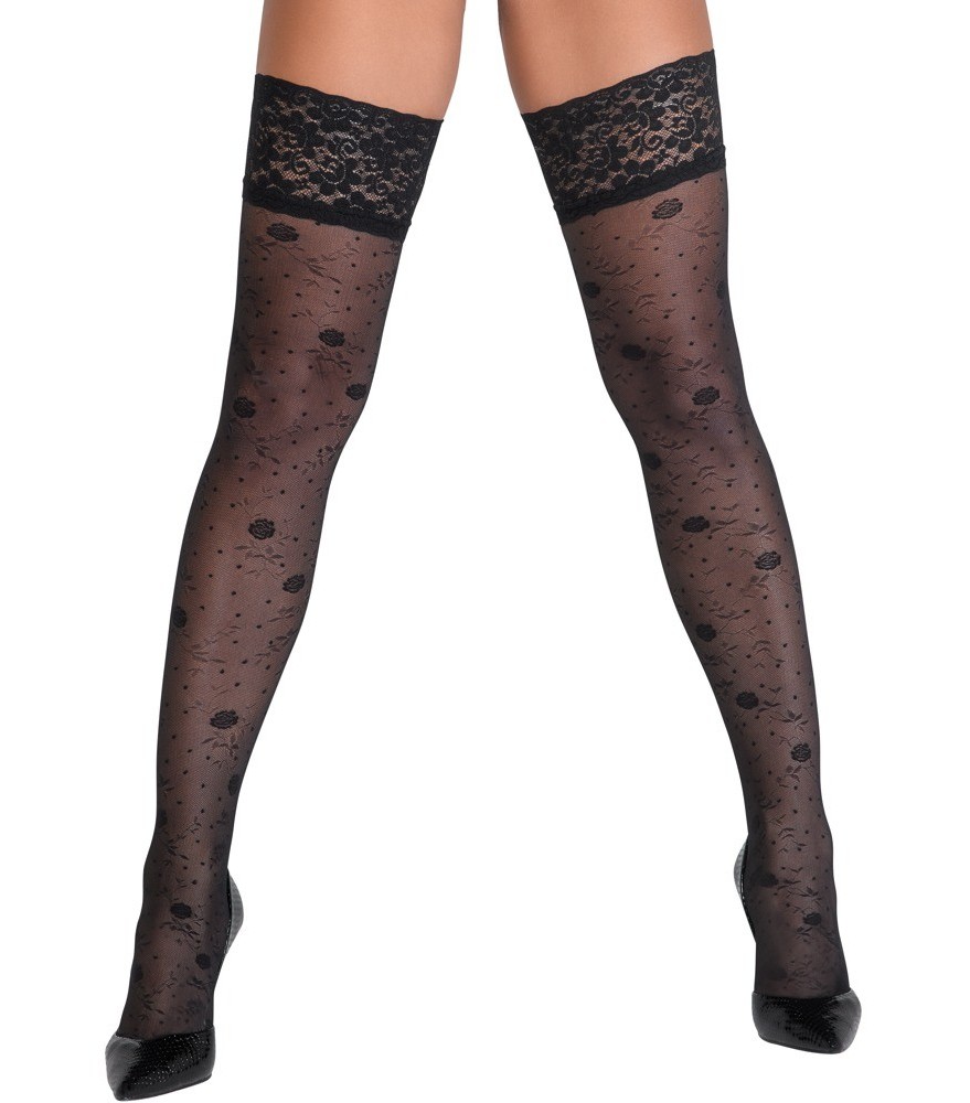 Halterlose Strümpfe mit zartem Rosenmuster