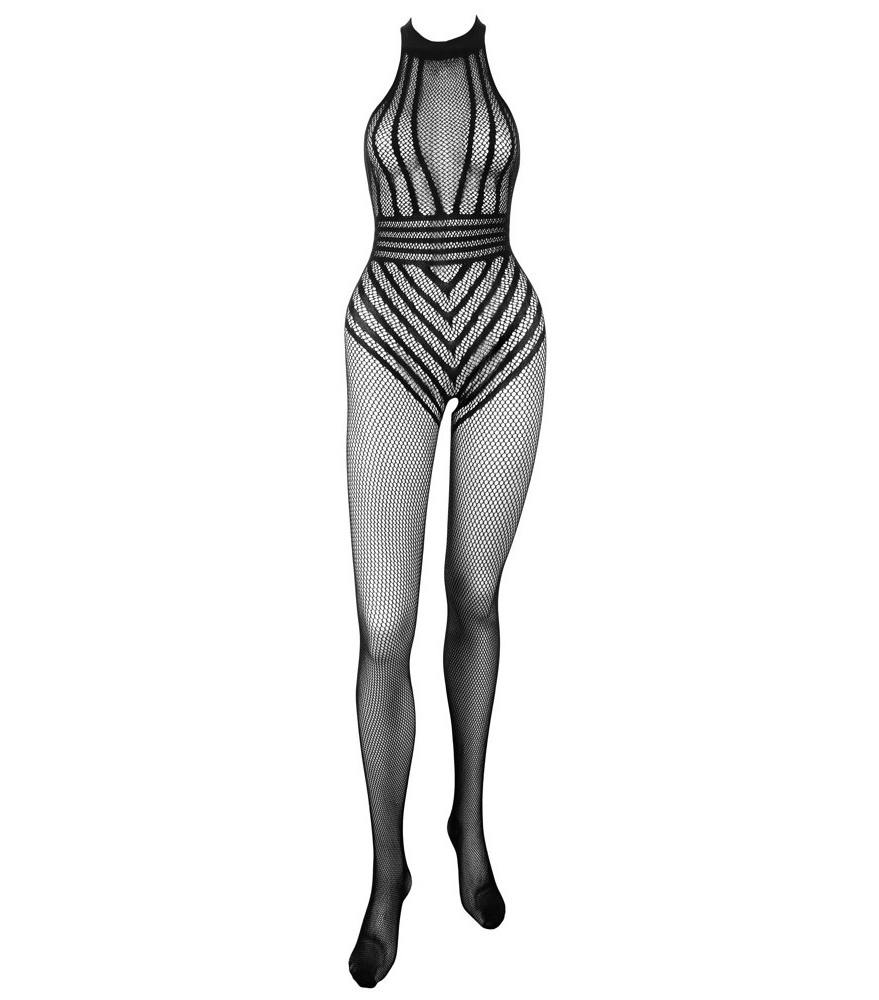 Catsuit ouvert aus weichem Netz mit eingewebtem Streifen-Body