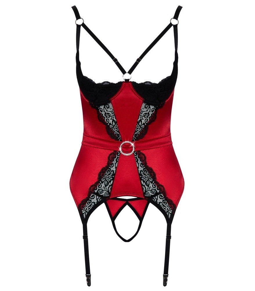 Strapshemd plus String ouvert aus rotem Stretch-Satin mit schwarzer Spitze