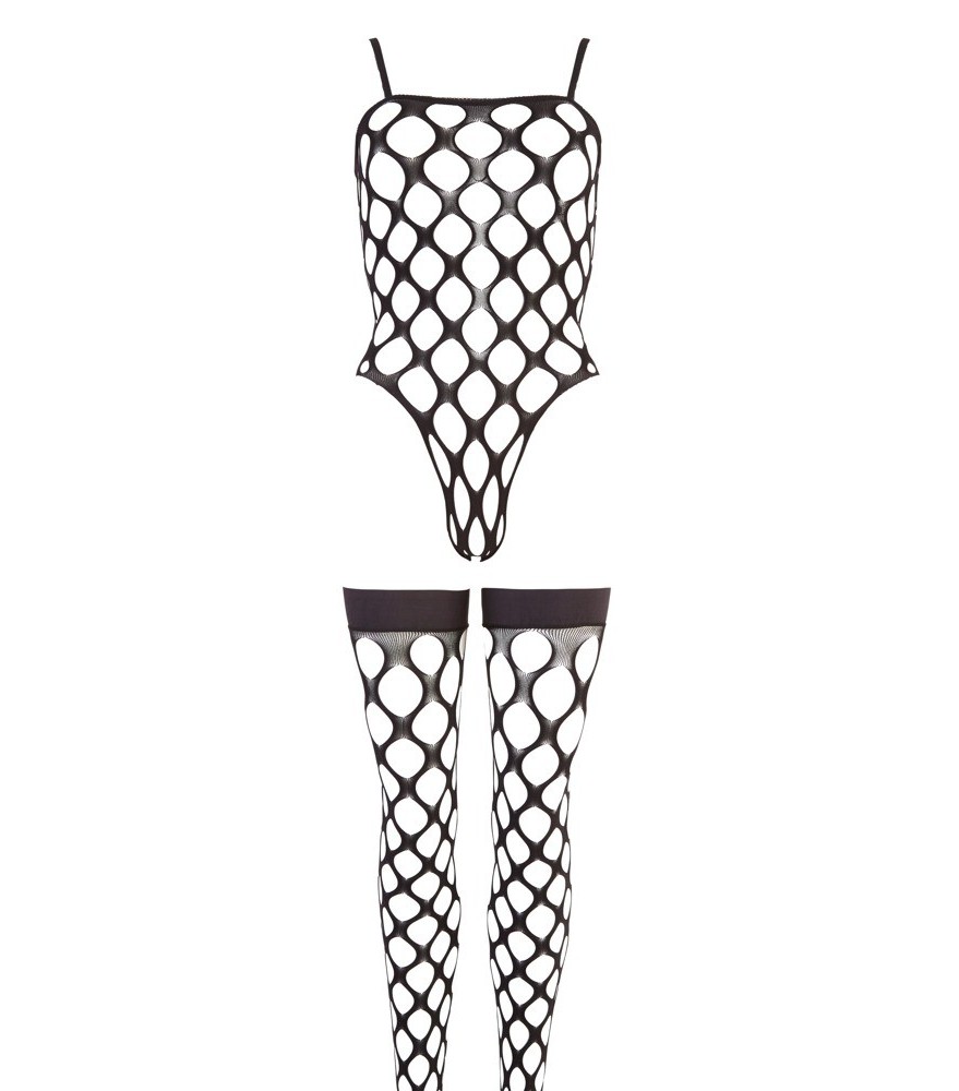 Body plus halterlose Strümpfe aus elastischem Grobnetz