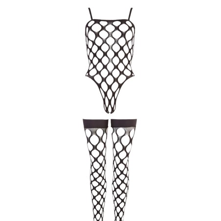 Body plus halterlose Strümpfe aus elastischem Grobnetz