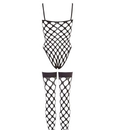 Body plus halterlose Strümpfe aus elastischem Grobnetz