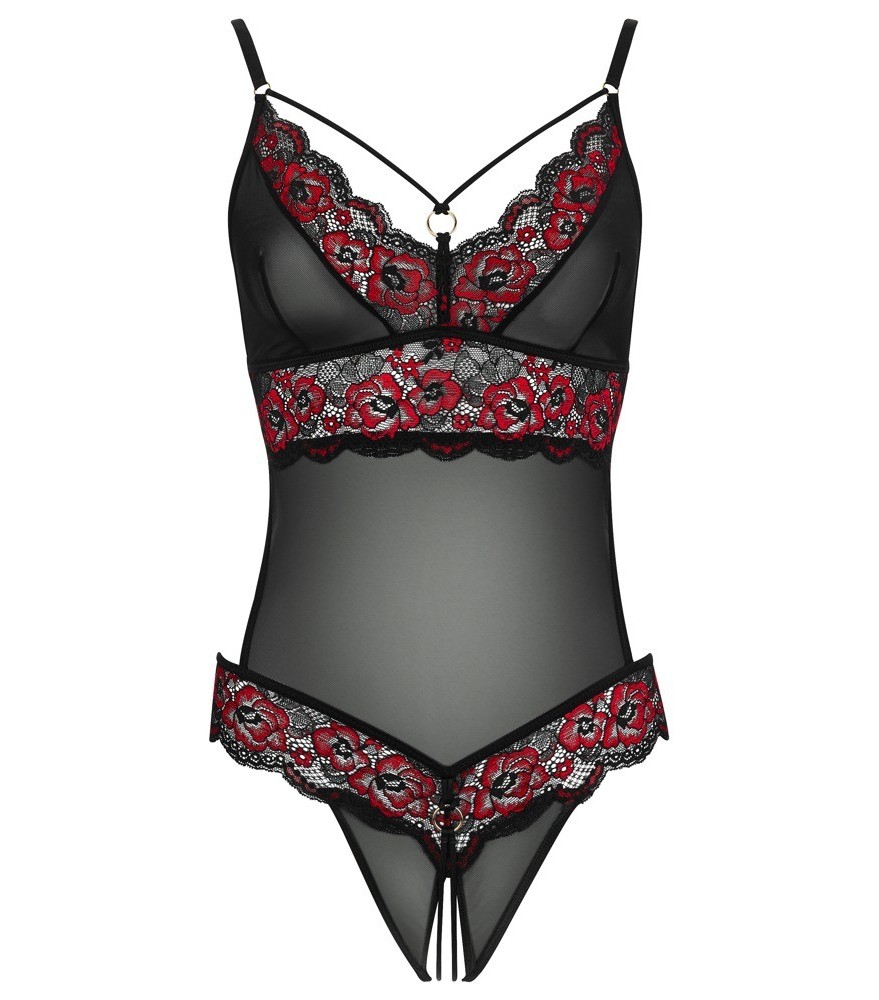 Body ouvert aus 2-farbiger Floral-Spitze und Powernet