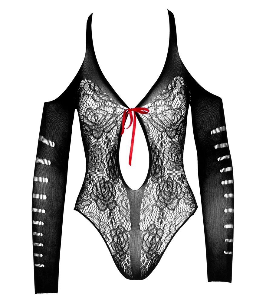 Body plus halterlose Strümpfe aus elastischem Grobnetz