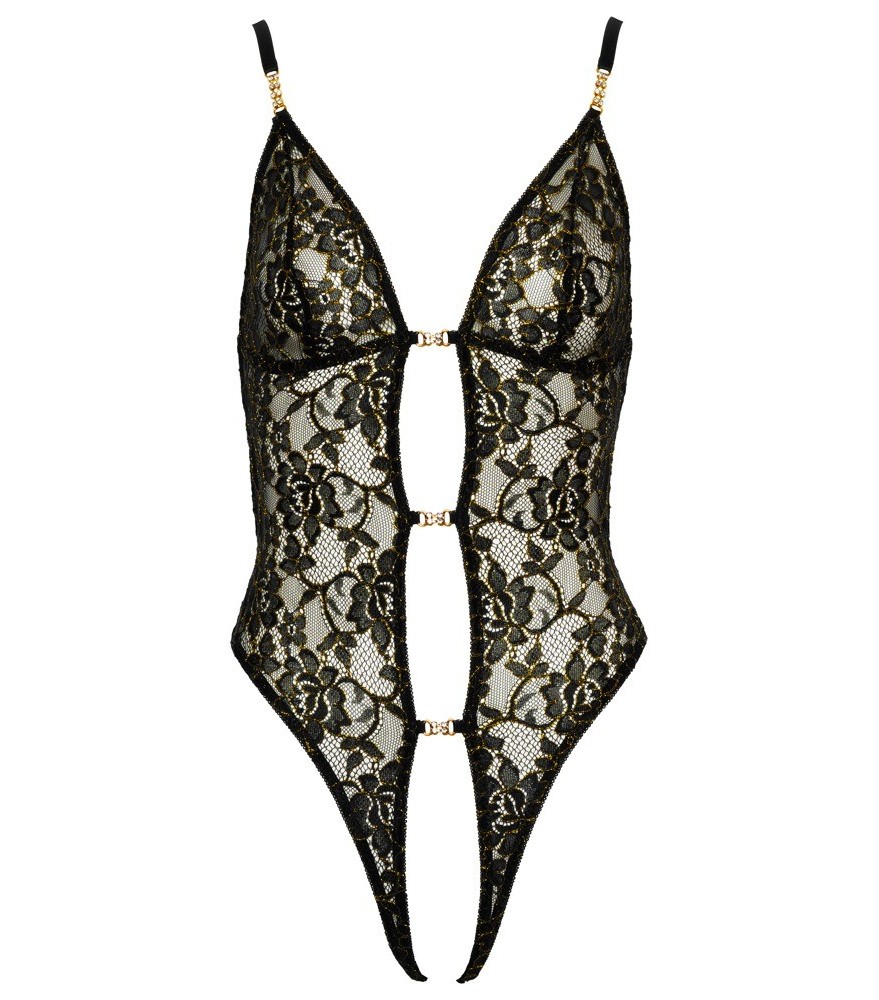 Body ouvert aus schwarzer Spitze mit goldfarbenen Glitzerdetails
