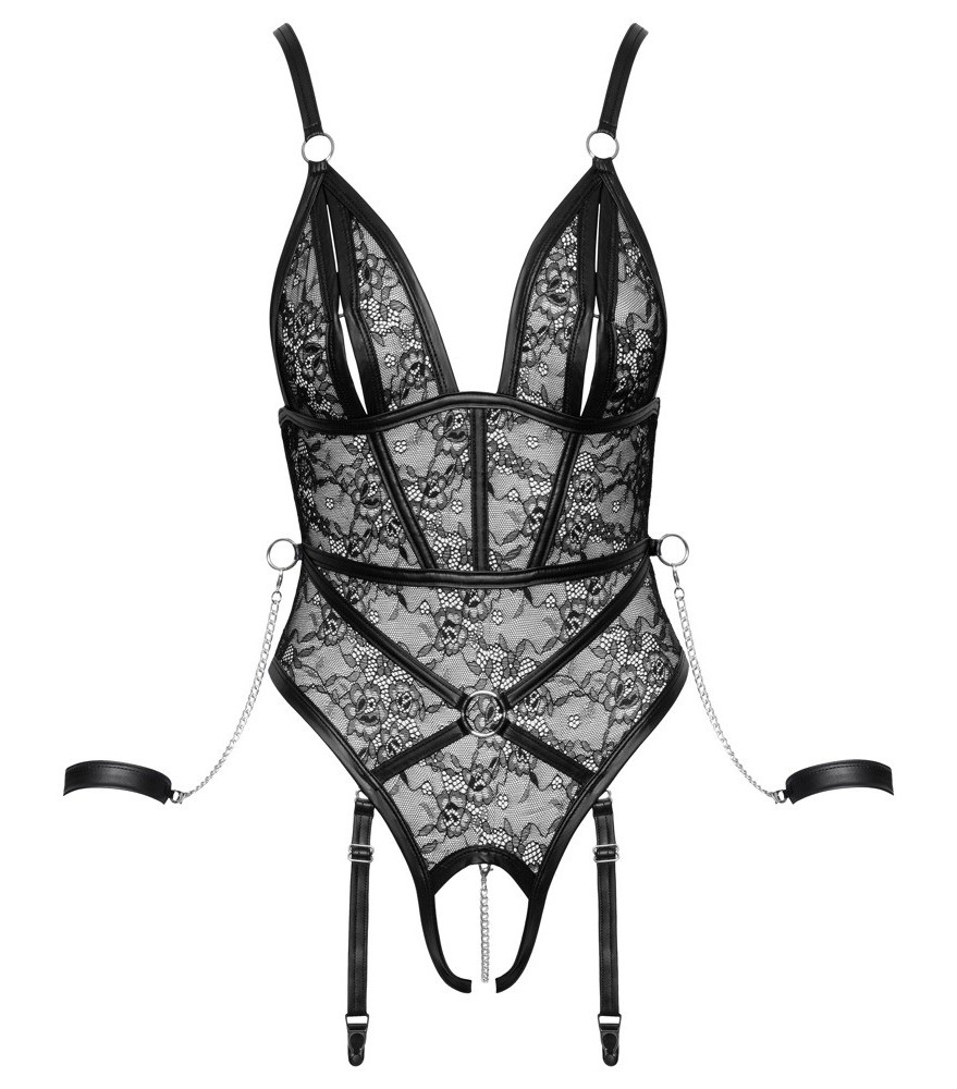 Straps-Body ouvert aus Spitze in Harness-Optik mit Handfesseln