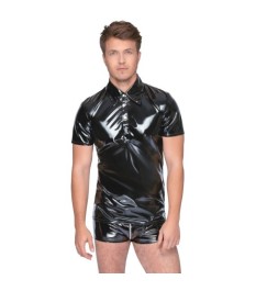 Shirt aus Lack im Polo-Style mit Halbarm, Kragen und Druckknopfleiste