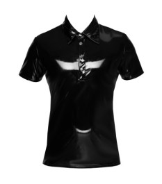 Shirt aus Lack im Polo-Style mit Halbarm, Kragen und Druckknopfleiste