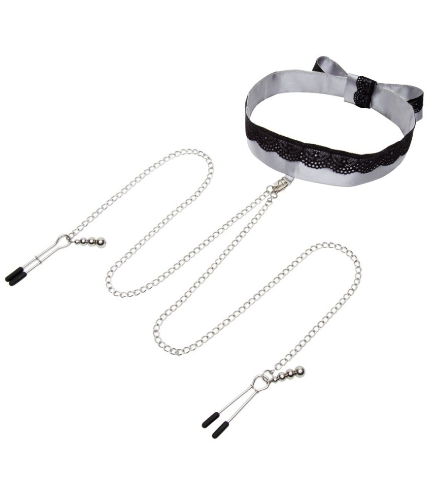 Halsband mit Nippelklemmen „Play Nice Satin Collar & Nipple Clamps“